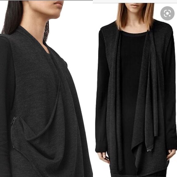 AllSAINTS Drina Draped Long Sleeve Mini Dress Charcoal Black 2 - Picture 8 of 13